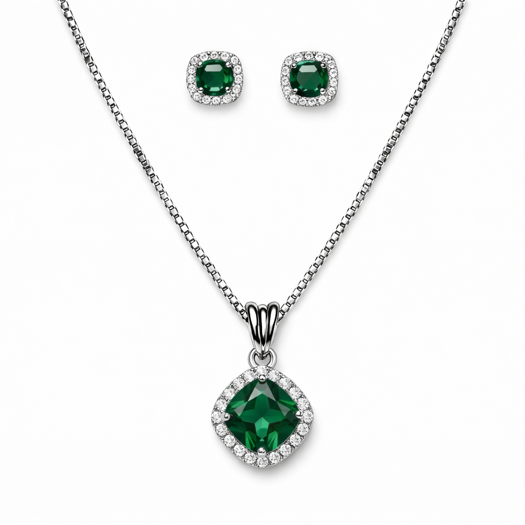 Green Crystal Halo Pendant Necklace & Stud Earrings Set