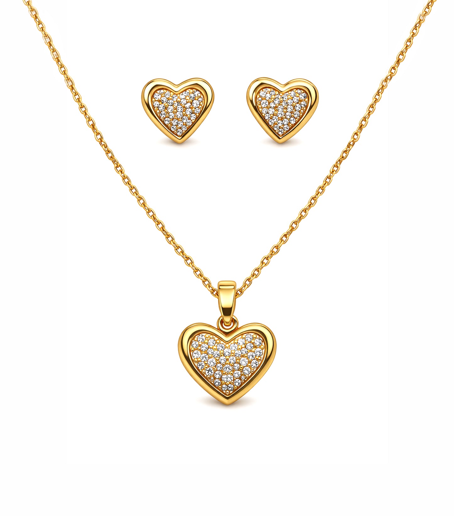 Gold heart-shaped jewelry set with necklace, pendant, and earrings on a white background