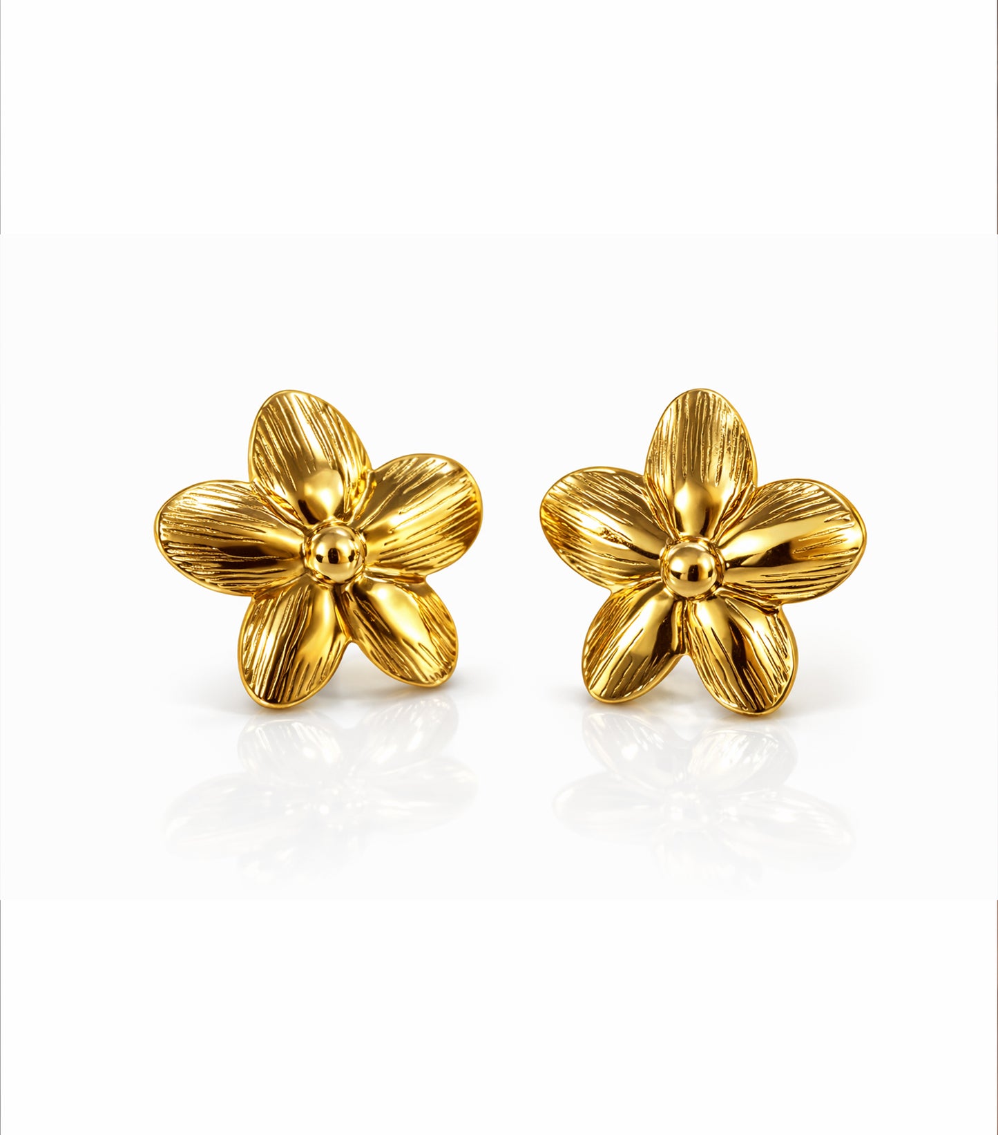 Pair of gold flower-shaped earrings on a white background