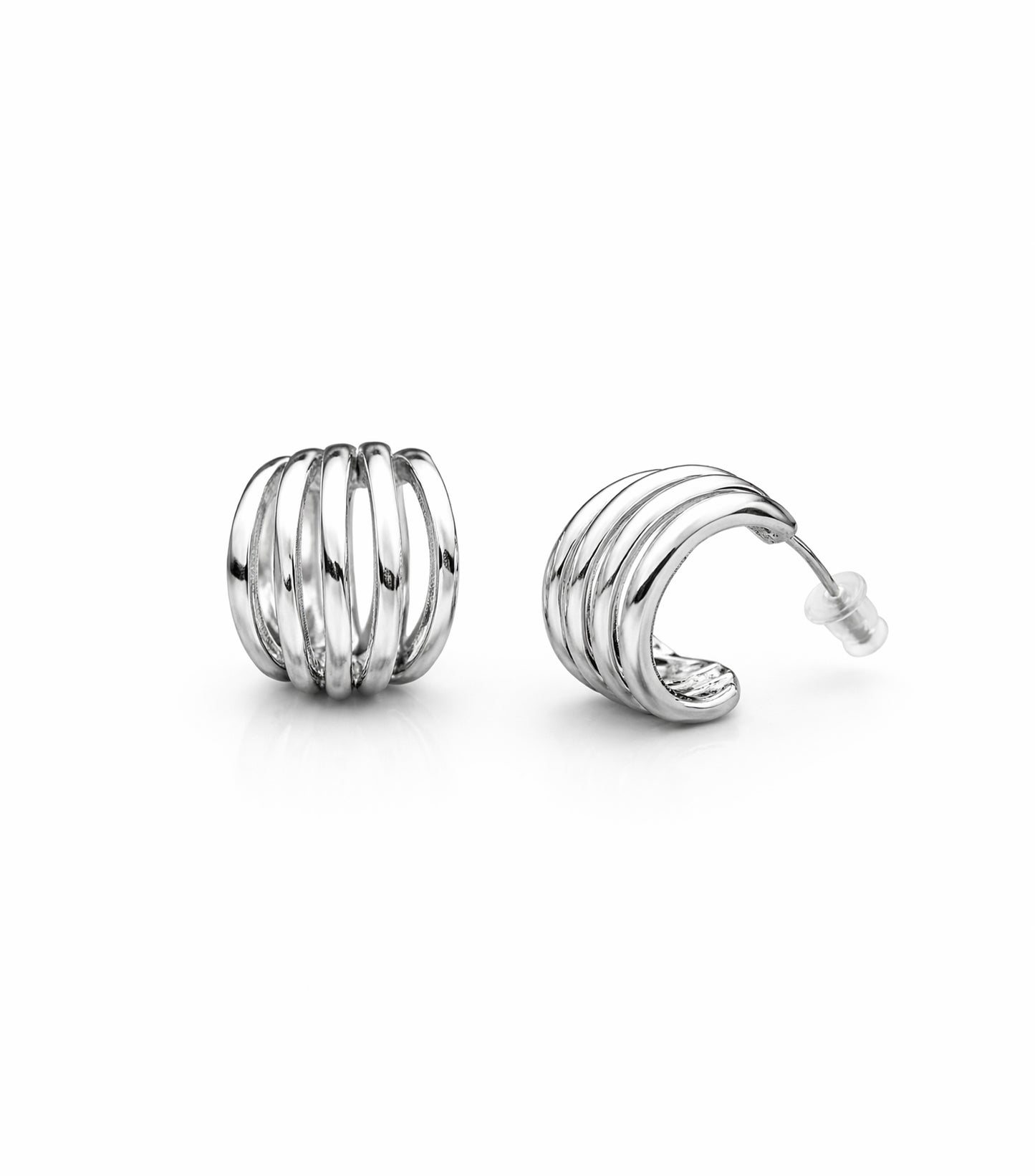 Pair of silver hoop earrings on a white background