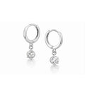 Pair of silver hoop earrings with small round crystals on a white background