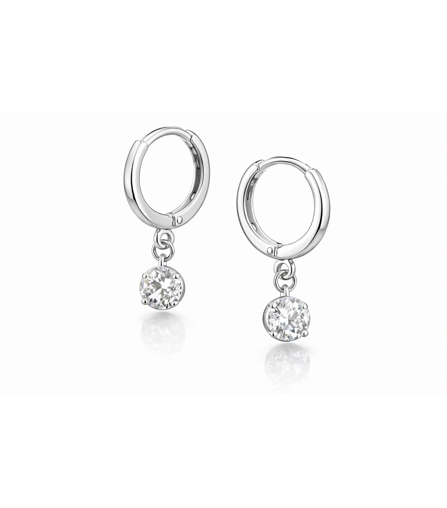 Pair of silver hoop earrings with small round crystals on a white background