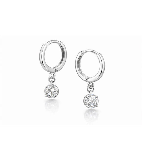 Pair of silver hoop earrings with small round crystals on a white background