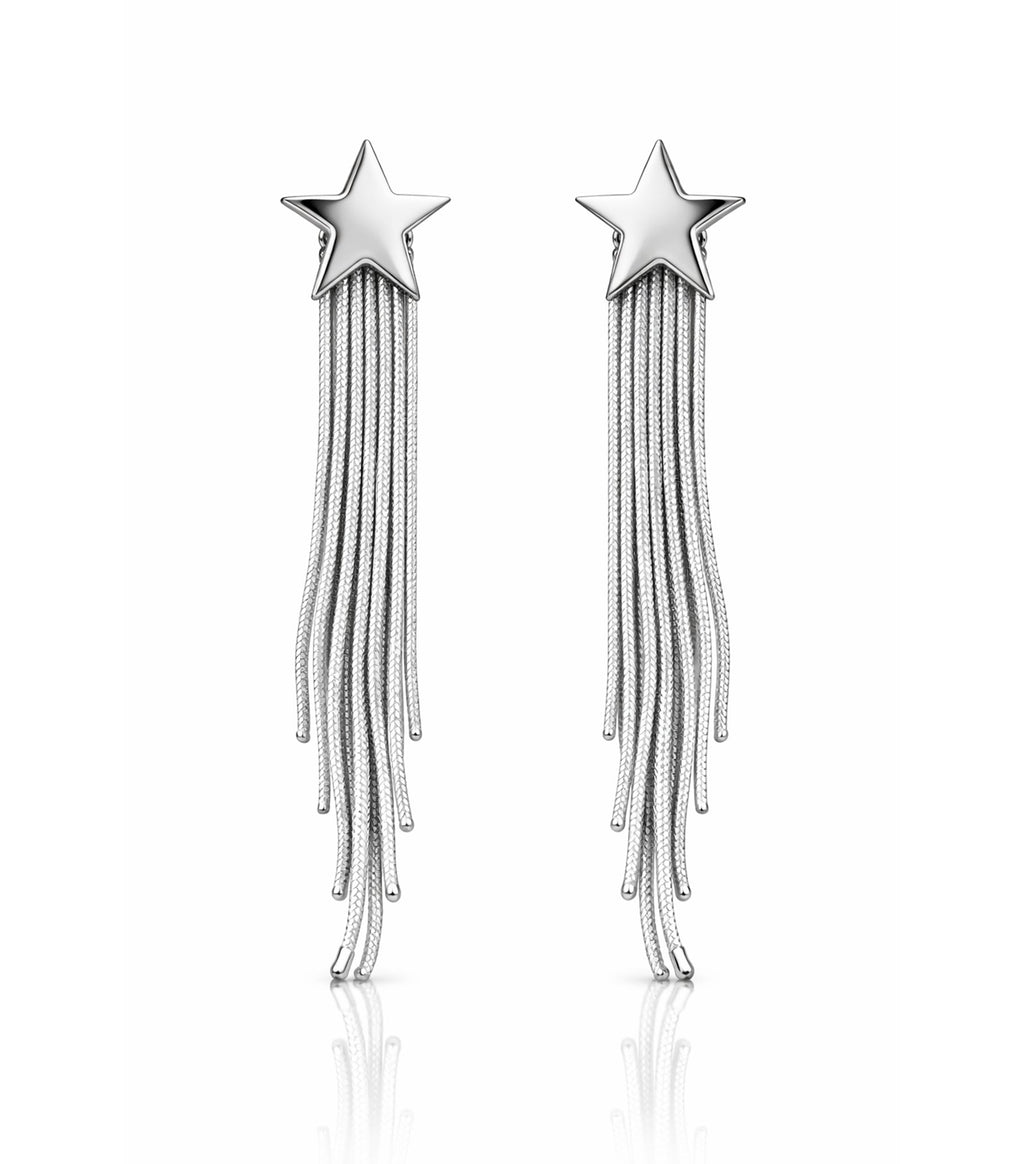 Silver star-shaped earrings with tassels on a white background
