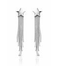 Silver star-shaped earrings with tassels on a white background