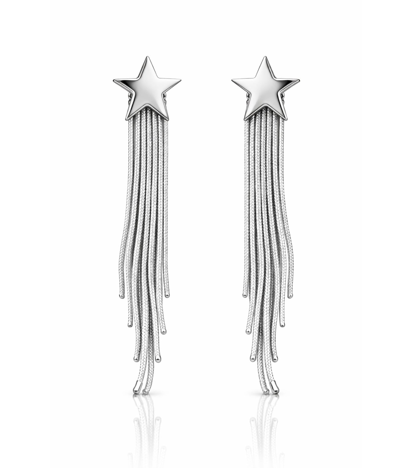 Silver star-shaped earrings with tassels on a white background