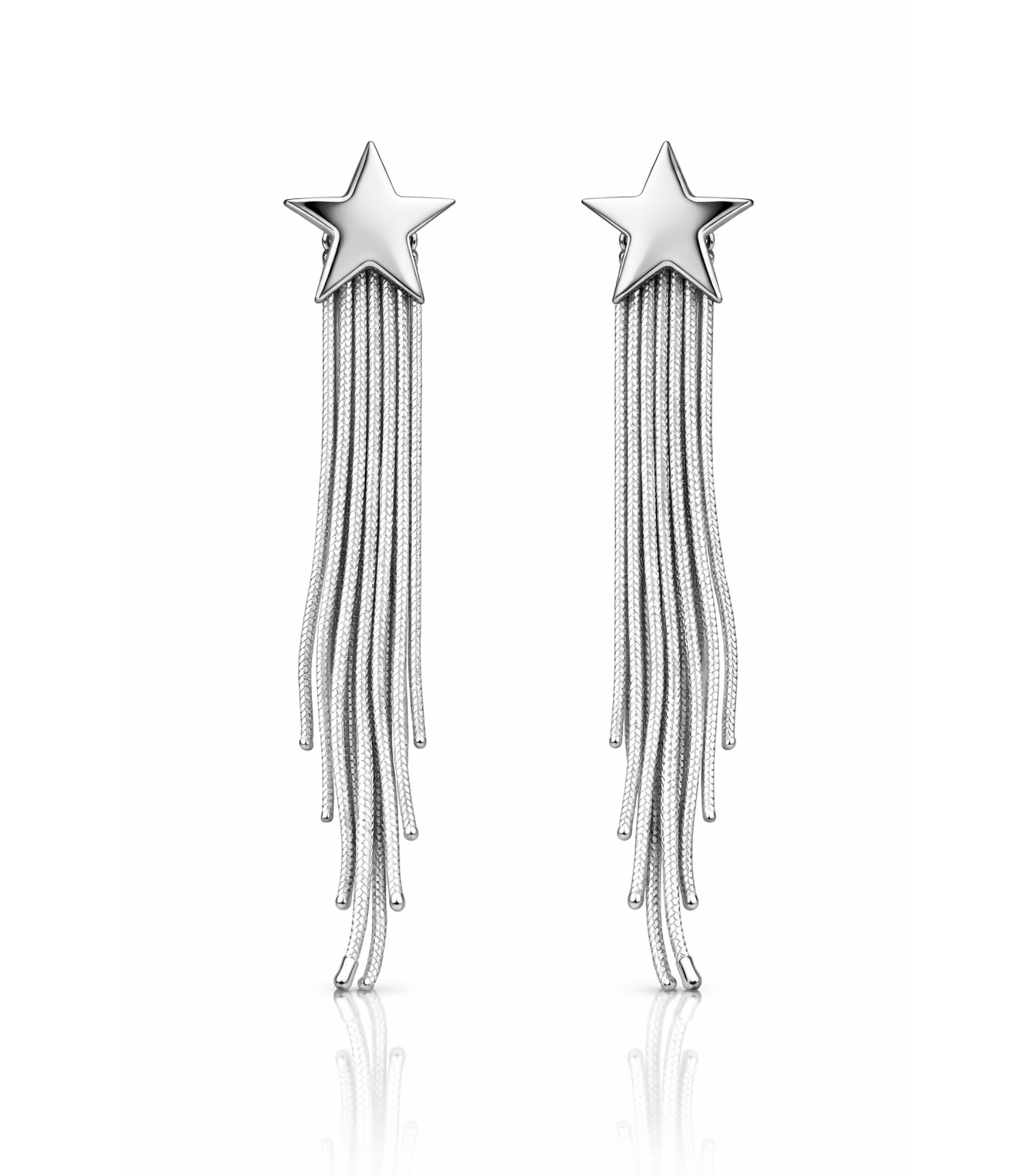Silver star-shaped earrings with tassels on a white background