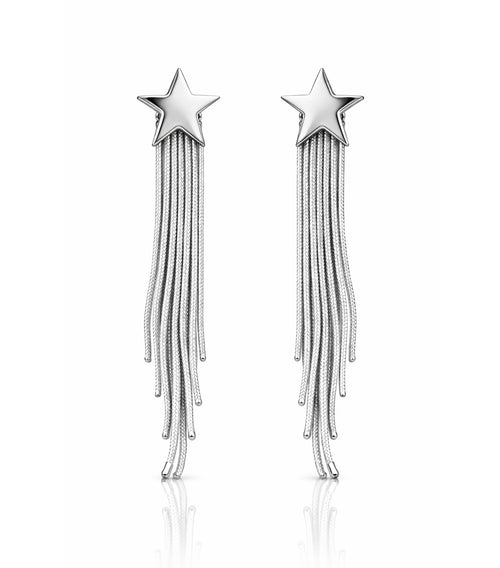 Silver star-shaped earrings with tassels on a white background