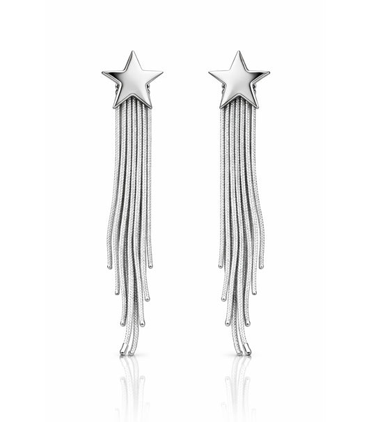 Silver star-shaped earrings with tassels on a white background