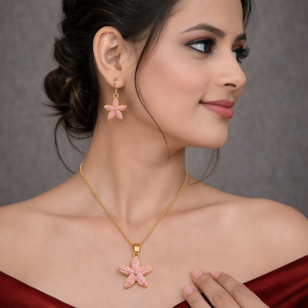 Pink Star Fish Pendant Necklace Set with Earrings – Elyva Fashion Jewelry