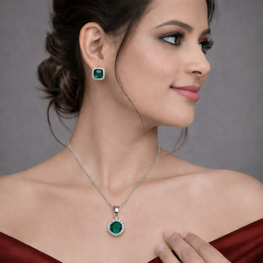 Green Crystal Halo Pendant Necklace & Stud Earrings Set