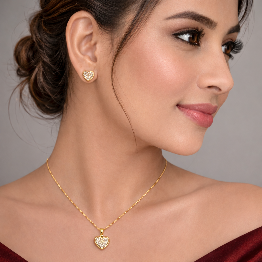 Crystal Heart Pendant Necklace & Stud Earrings Set for Women