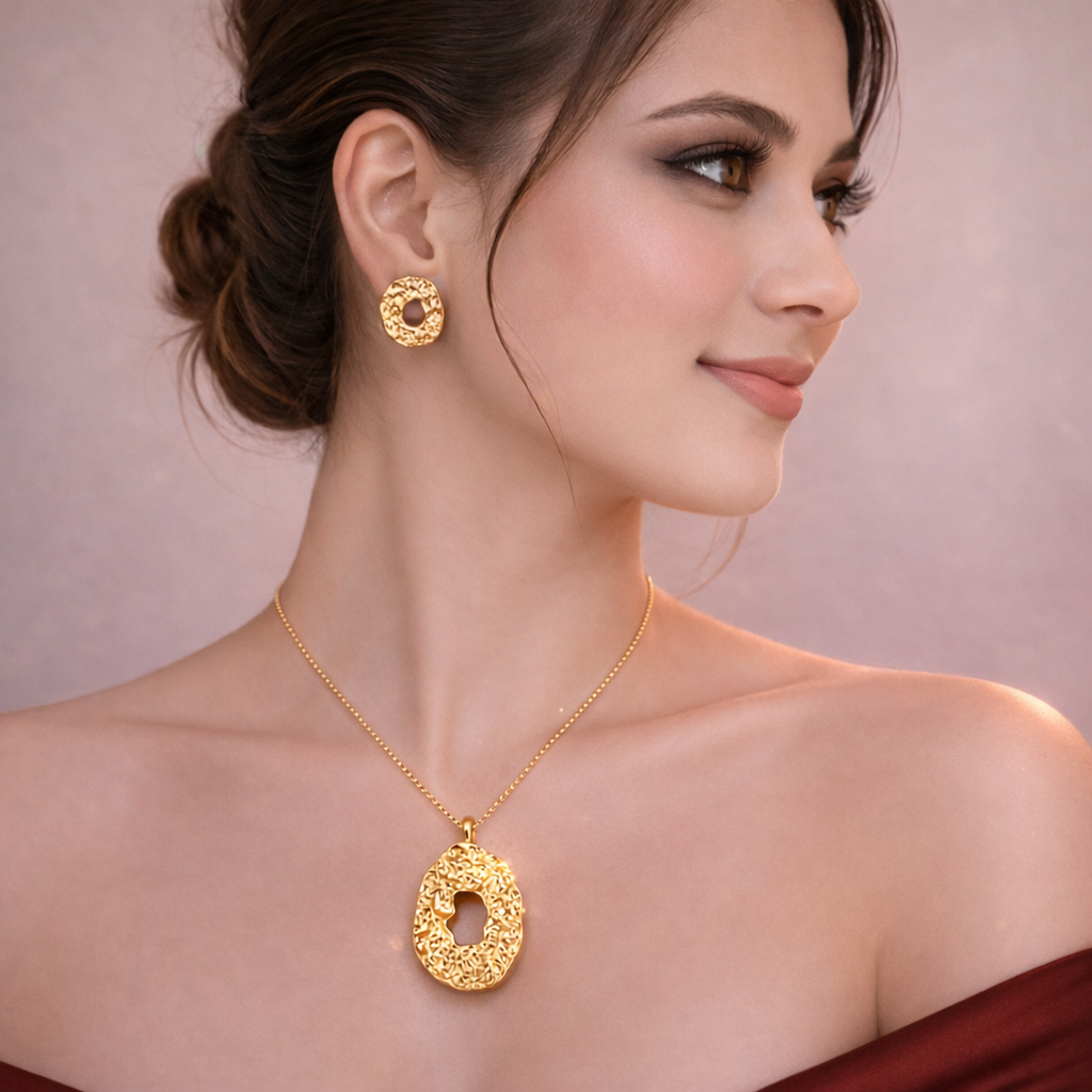 Textured Gold Pendant Necklace & Earrings Set | Elyva Jewelry