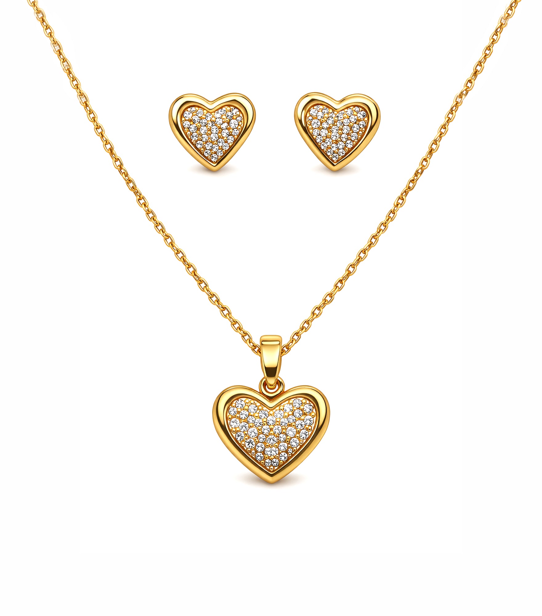 Gold heart-shaped jewelry set with necklace, pendant, and earrings on a white background