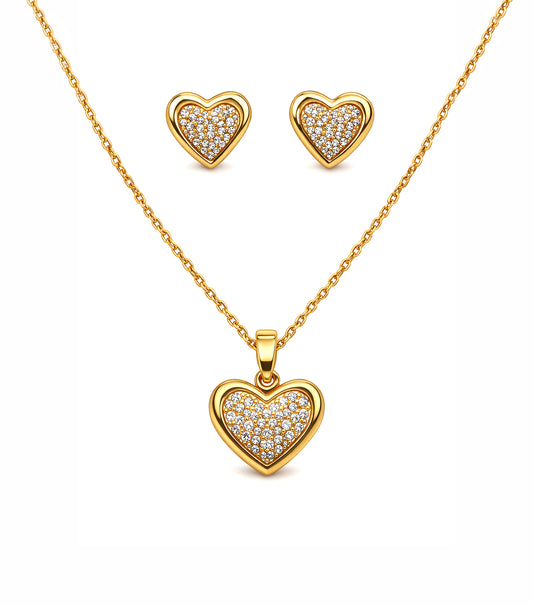 Gold heart-shaped jewelry set with necklace, pendant, and earrings on a white background