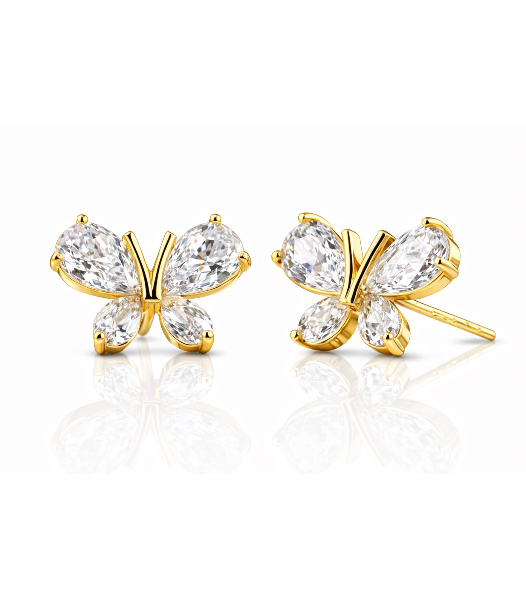 Gold butterfly earrings with clear gemstones on a white background