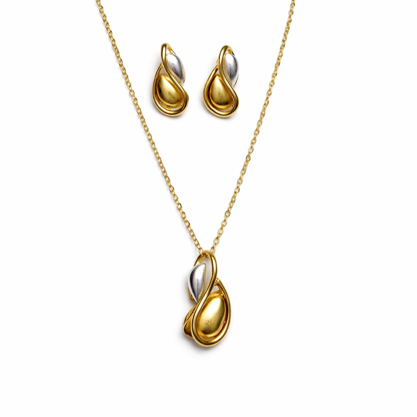 Gold and silver jewelry set with necklace and earrings on a white background