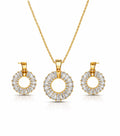 Gold necklace and earrings set with circular designs on a white background