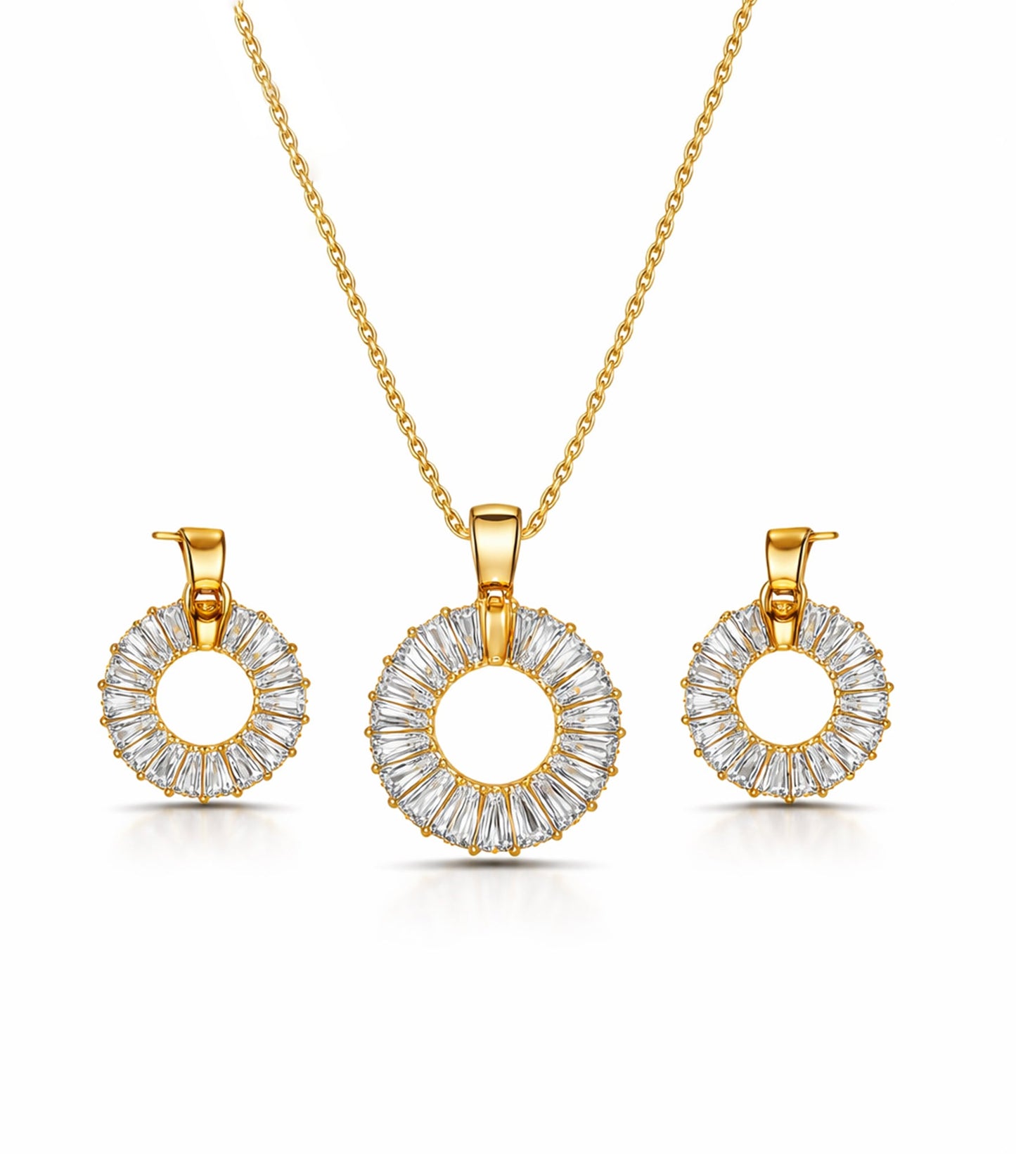 Gold necklace and earrings set with circular designs on a white background