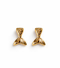 Gold mermaid tail earrings on a white background