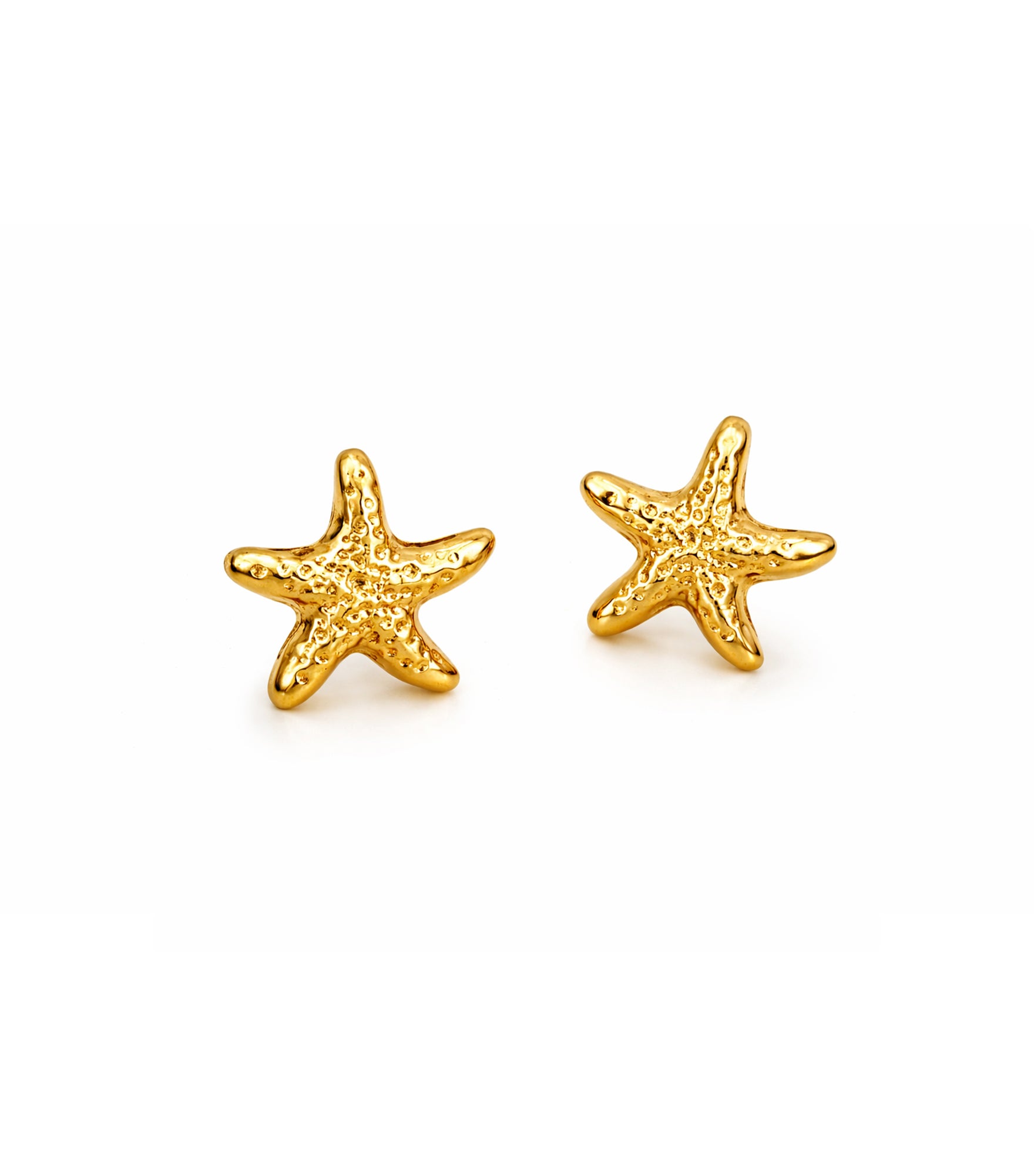 Gold starfish earrings on a white background