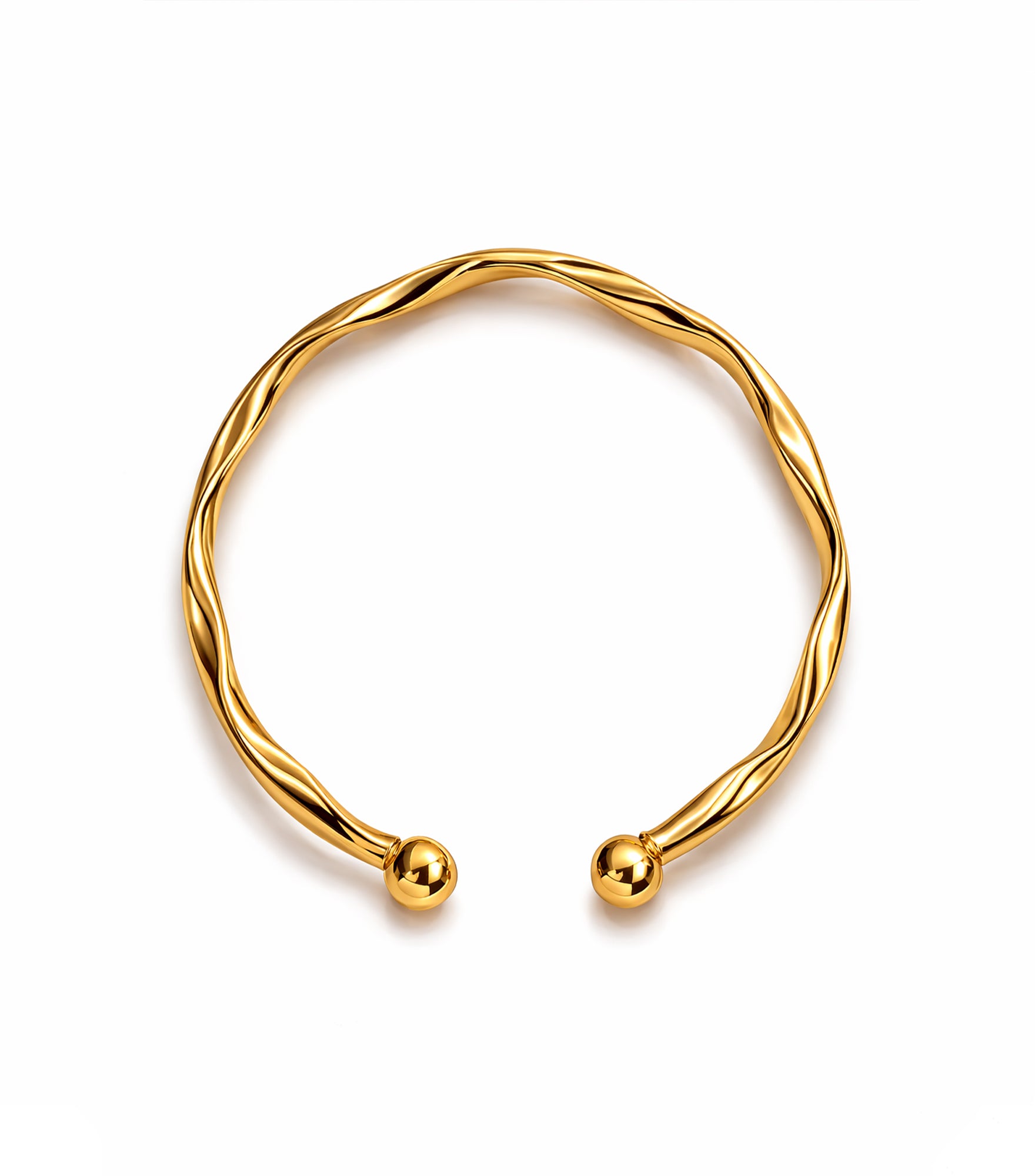 Gold bracelet with a twisted design on a white background