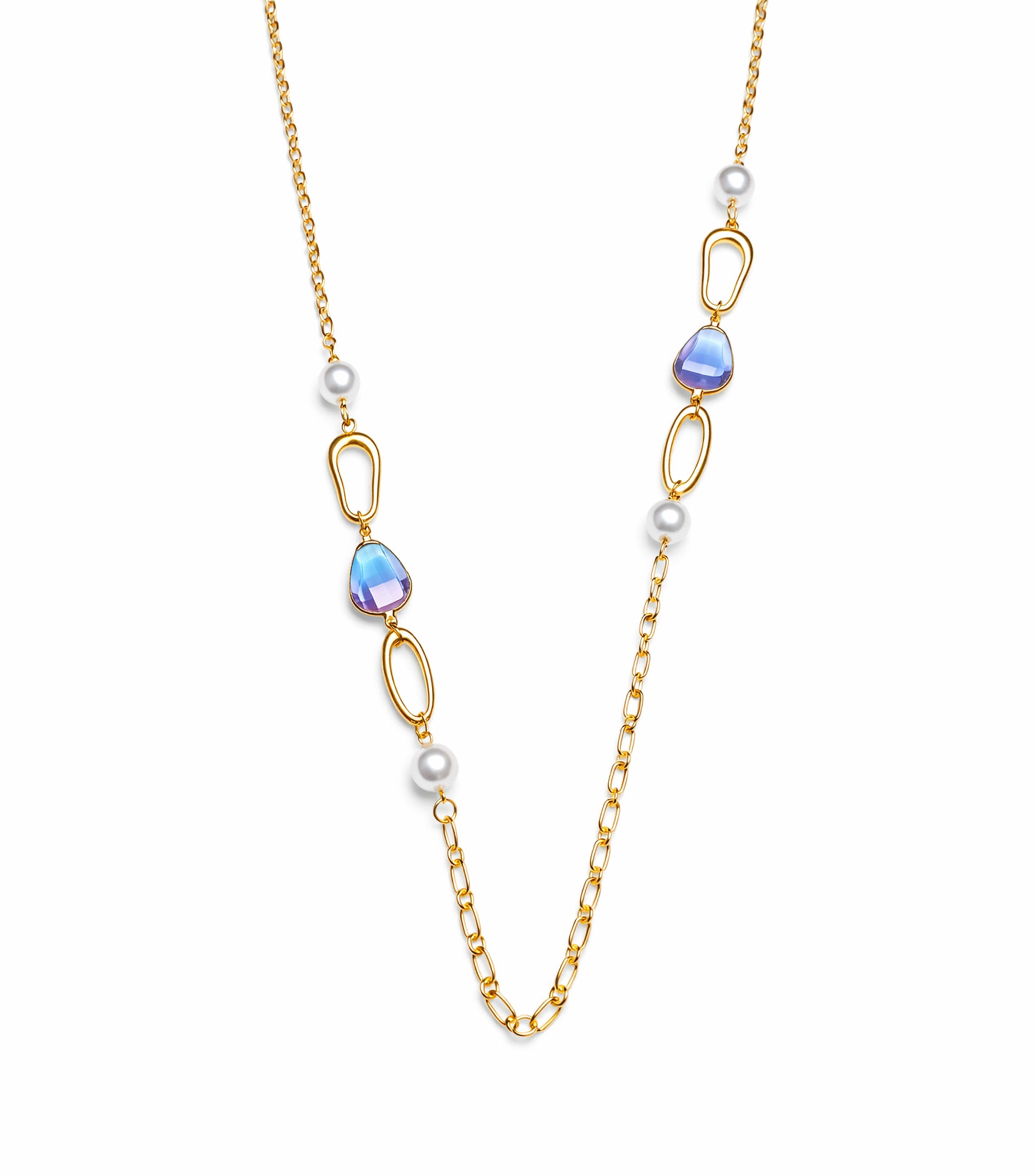 Gold necklace with blue and white bead accents on a white background