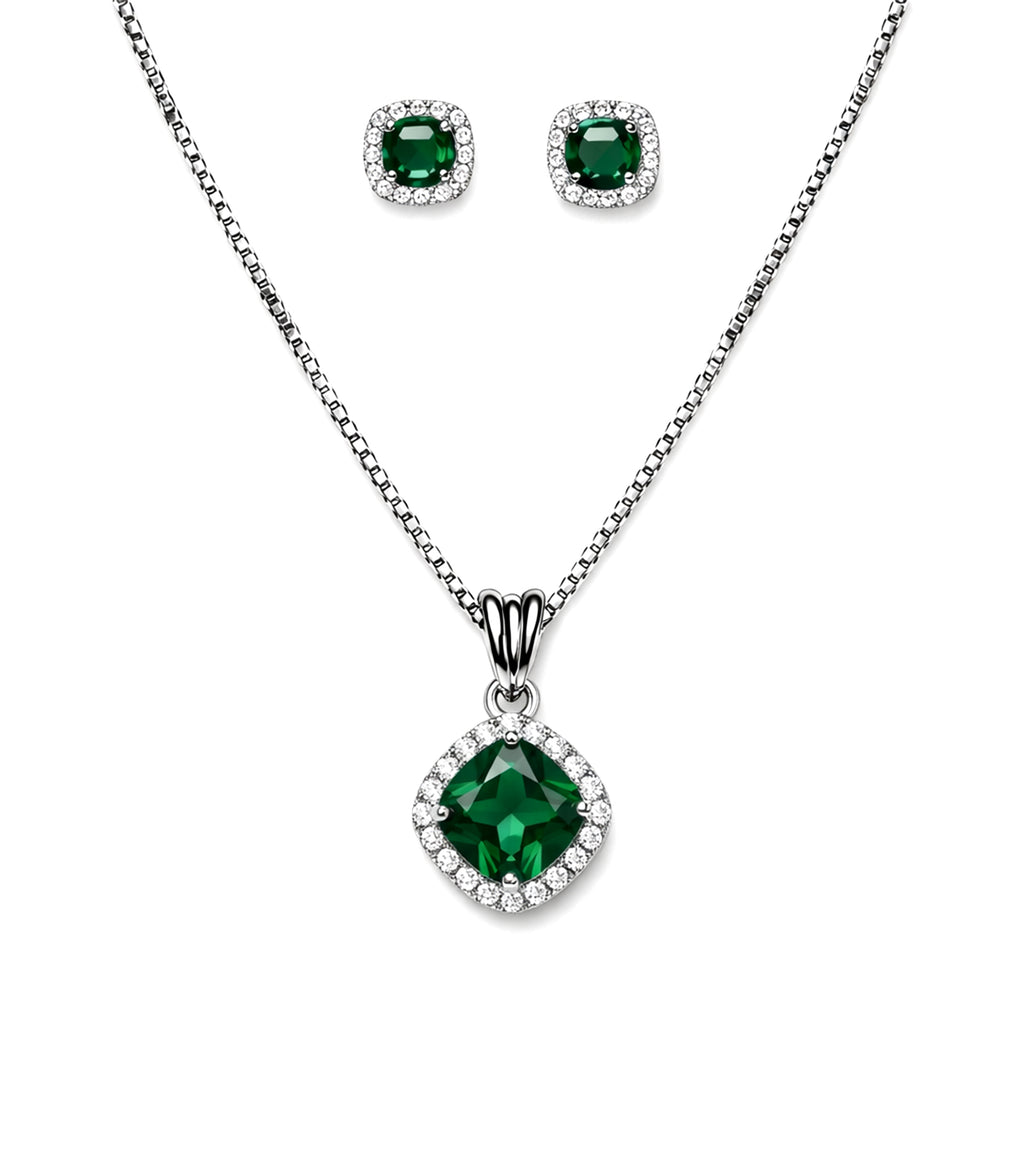 Green Crystal Halo Pendant Necklace & Stud Earrings Set
