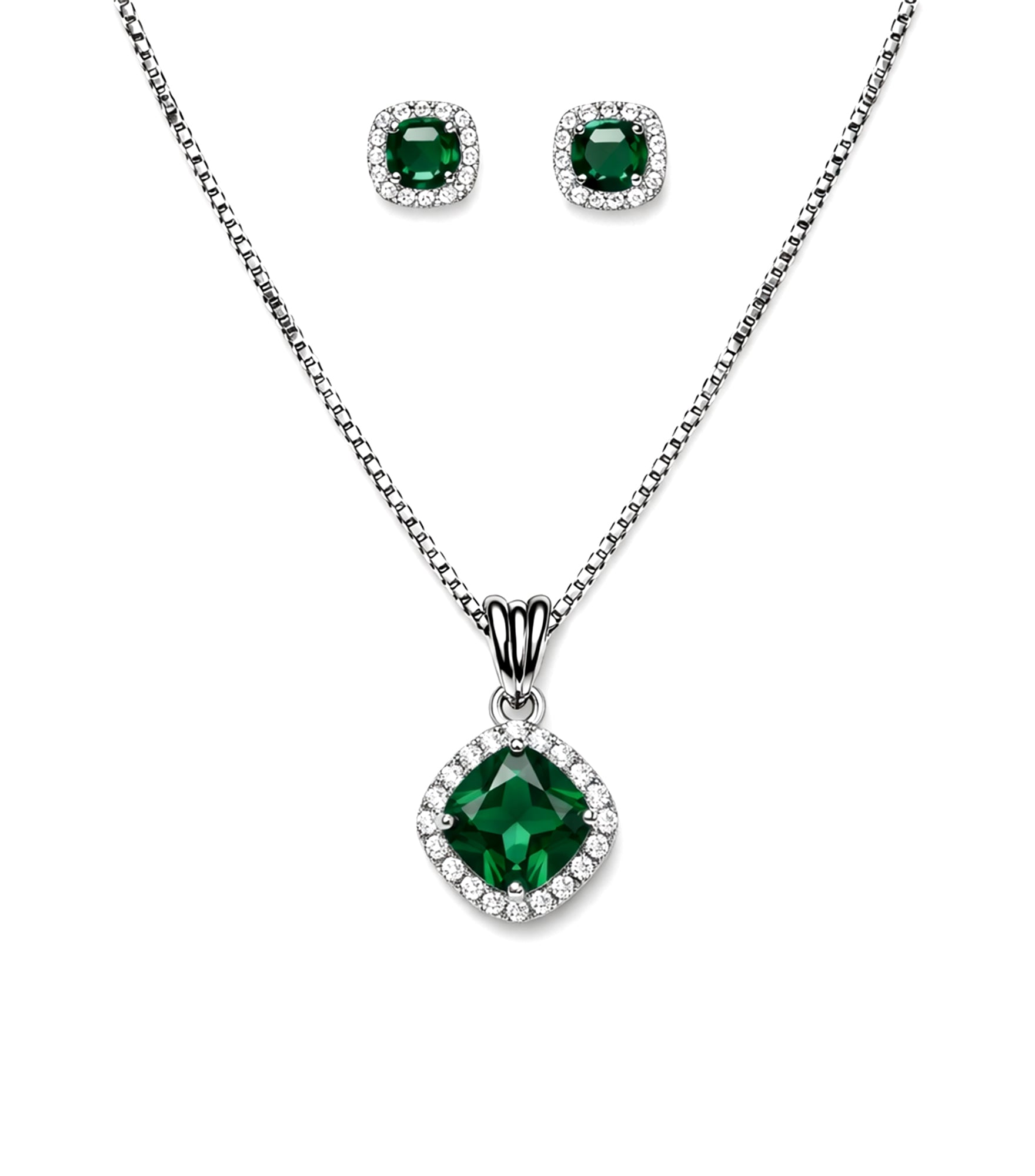 Green Crystal Halo Pendant Necklace & Stud Earrings Set