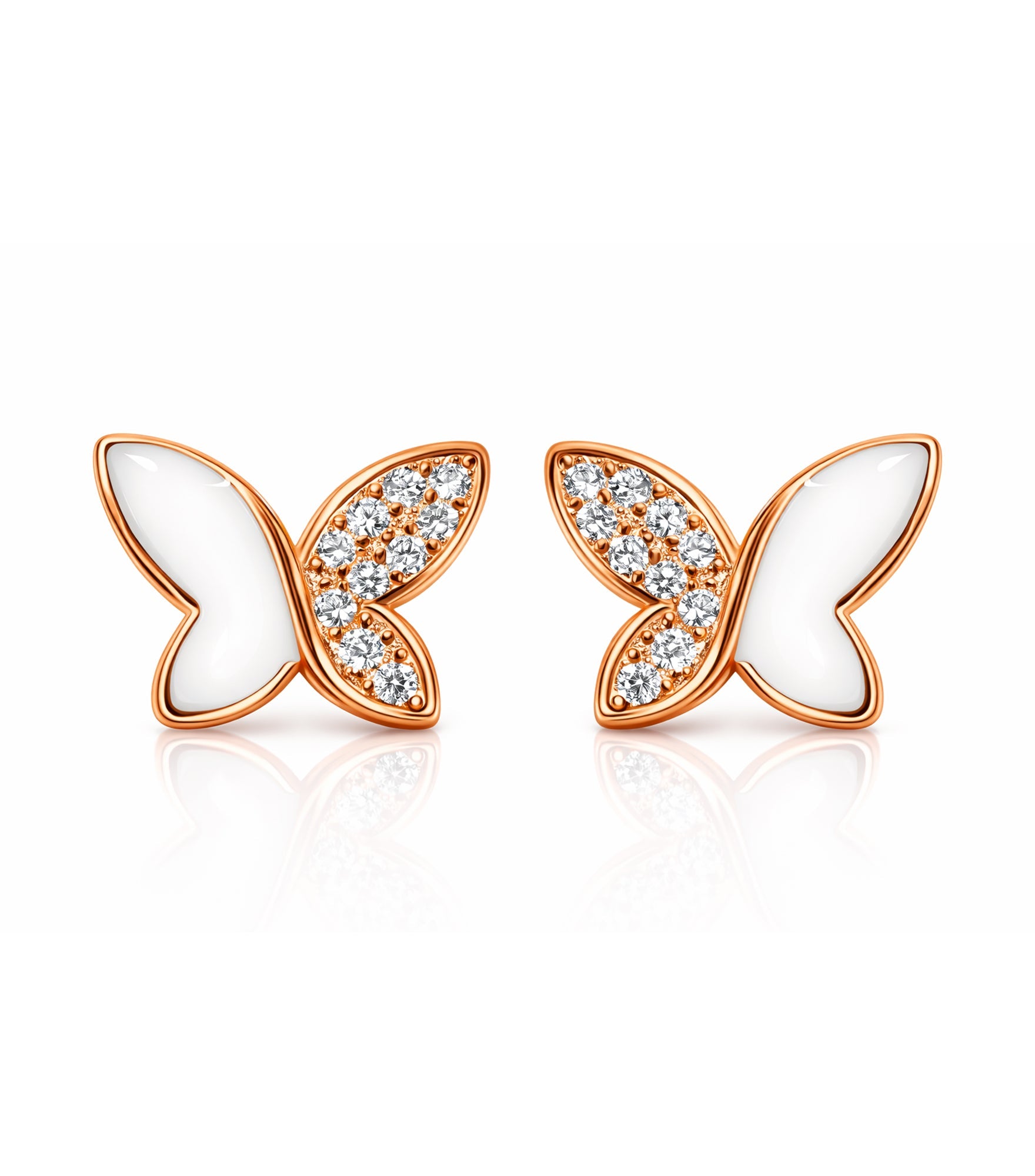 Butterfly-shaped earrings with rose gold frames and white centers on a white background