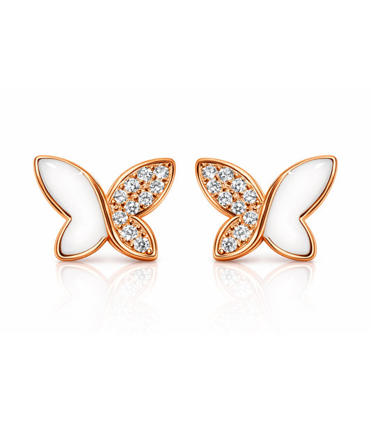 Butterfly-shaped earrings with rose gold frames and white centers on a white background