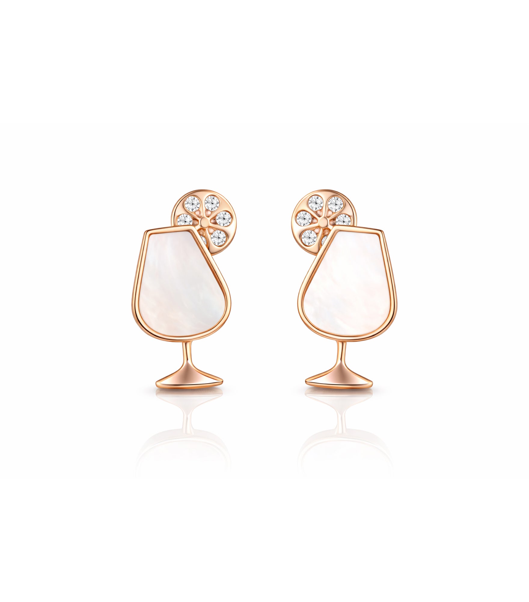 Pair of earrings with rose gold and white design on a white background
