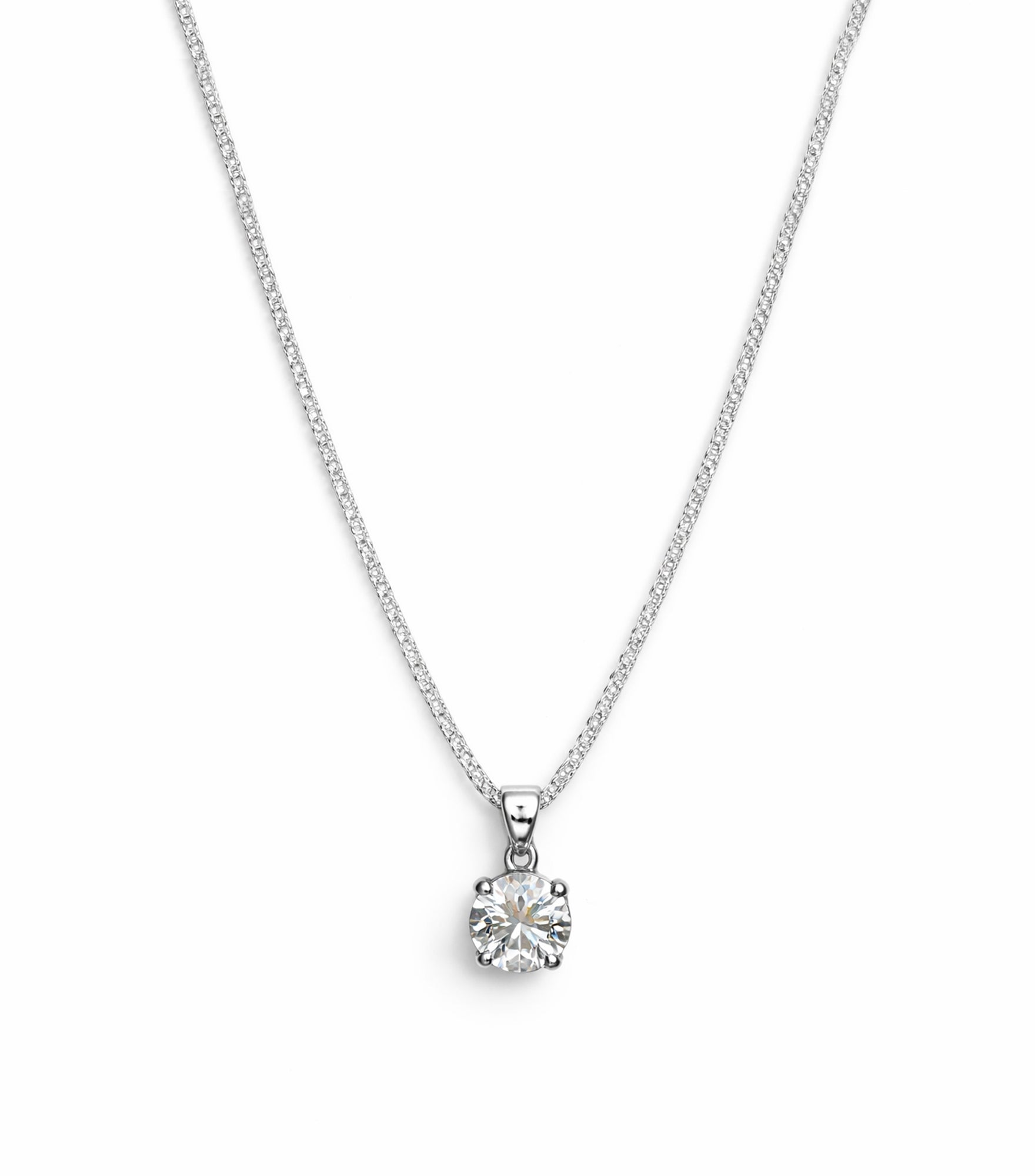 Silver necklace with a round diamond pendant on a white background