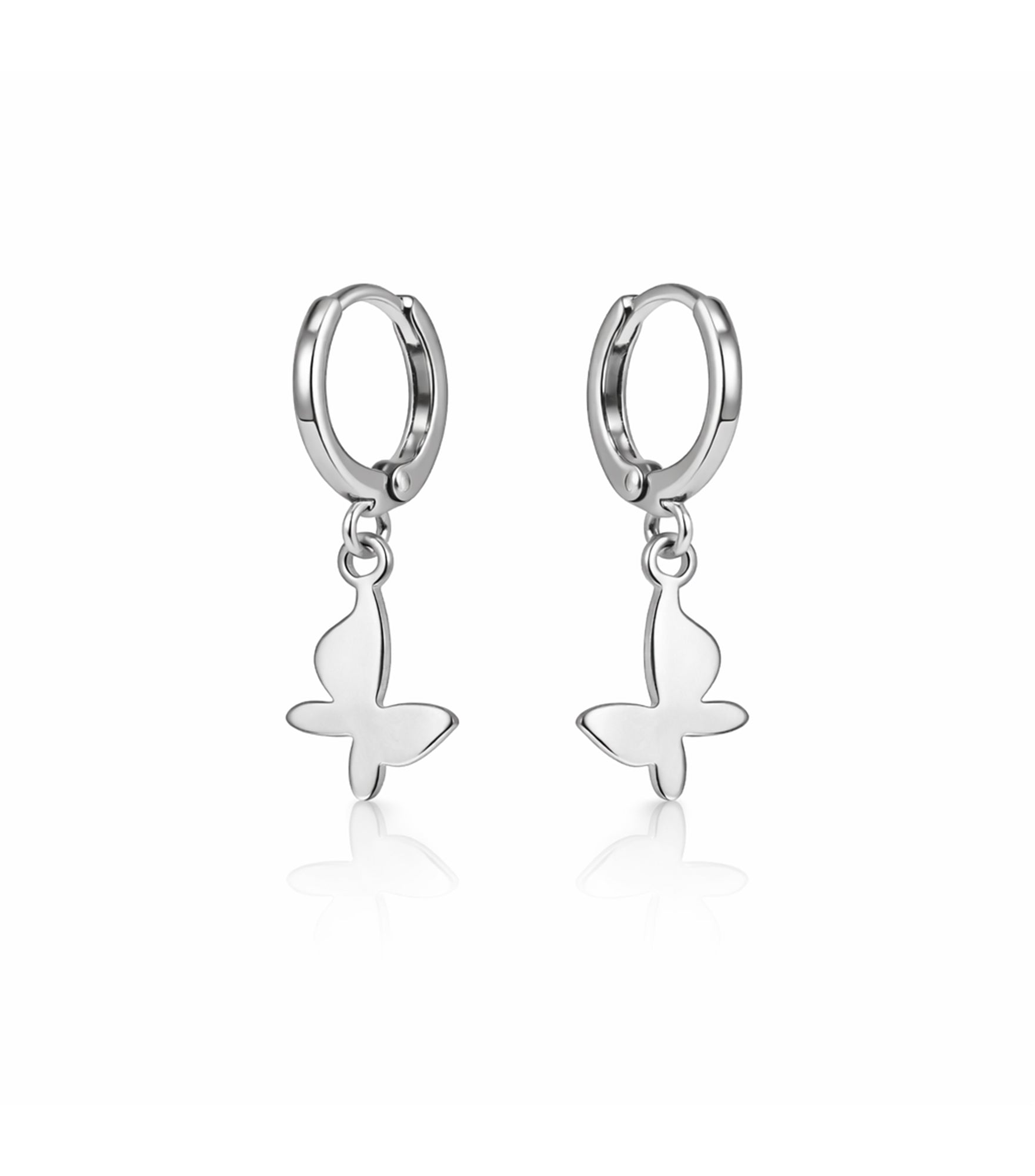 Silver butterfly earrings on a white background