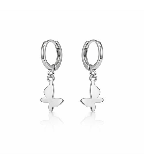 Silver butterfly earrings on a white background