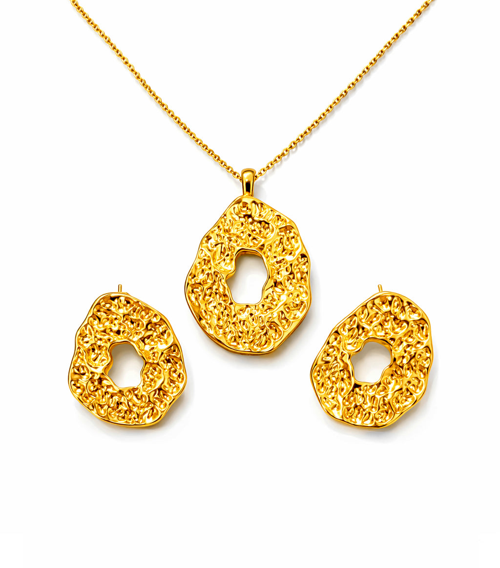 Gold necklace and earrings set on a white background