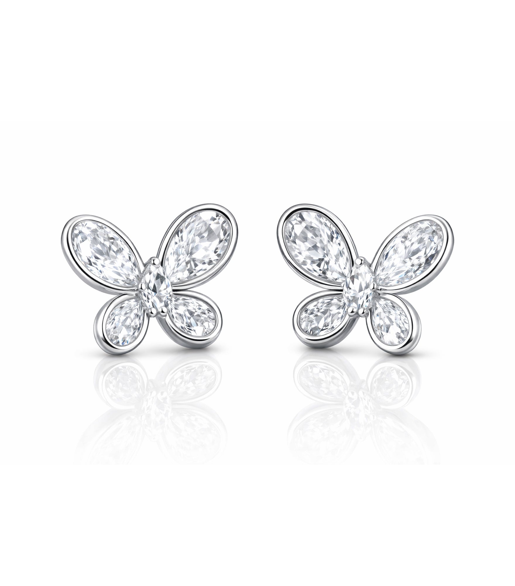 Butterfly-shaped earrings with clear gemstones on a white background

