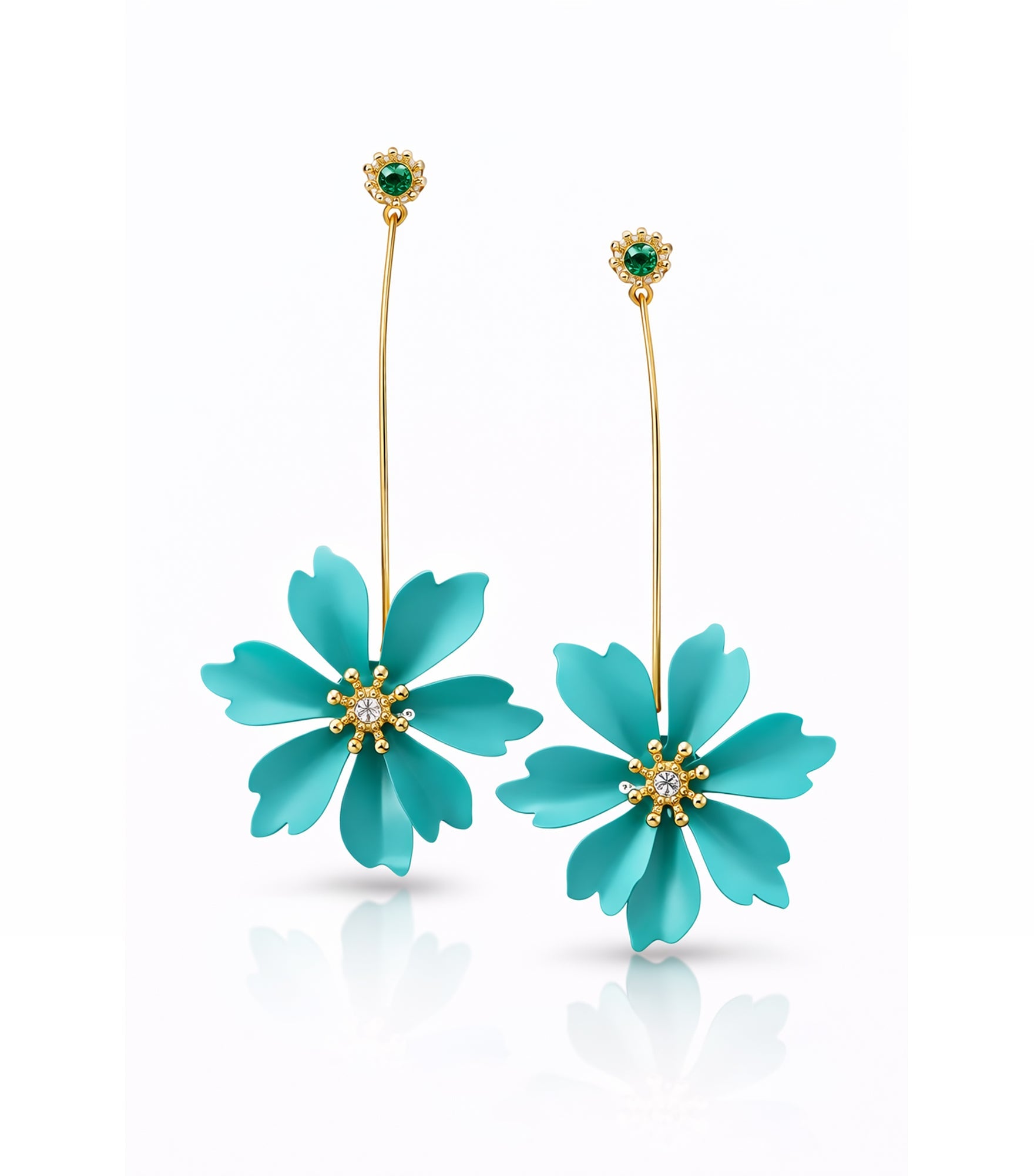 Turquoise flower earrings with gold accents on a white background

