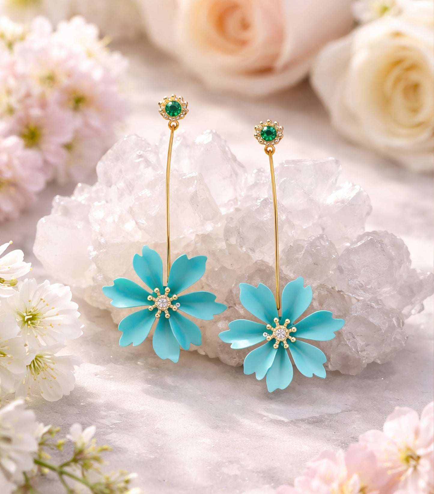 Women's Floral Symphony Drop Earrings Cyan Blue