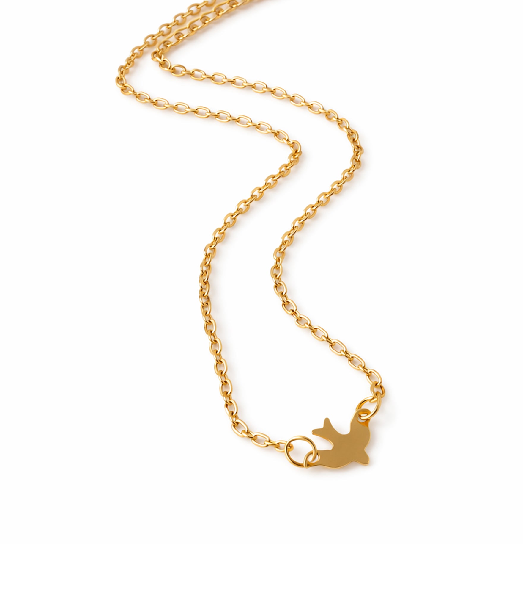 Gold necklace with a dove pendant on a white background
